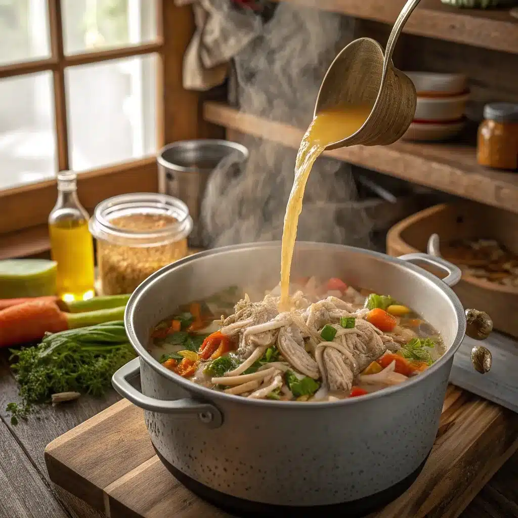 Shredded turkey and broth added to vegetables for high protein leftover turkey soup.