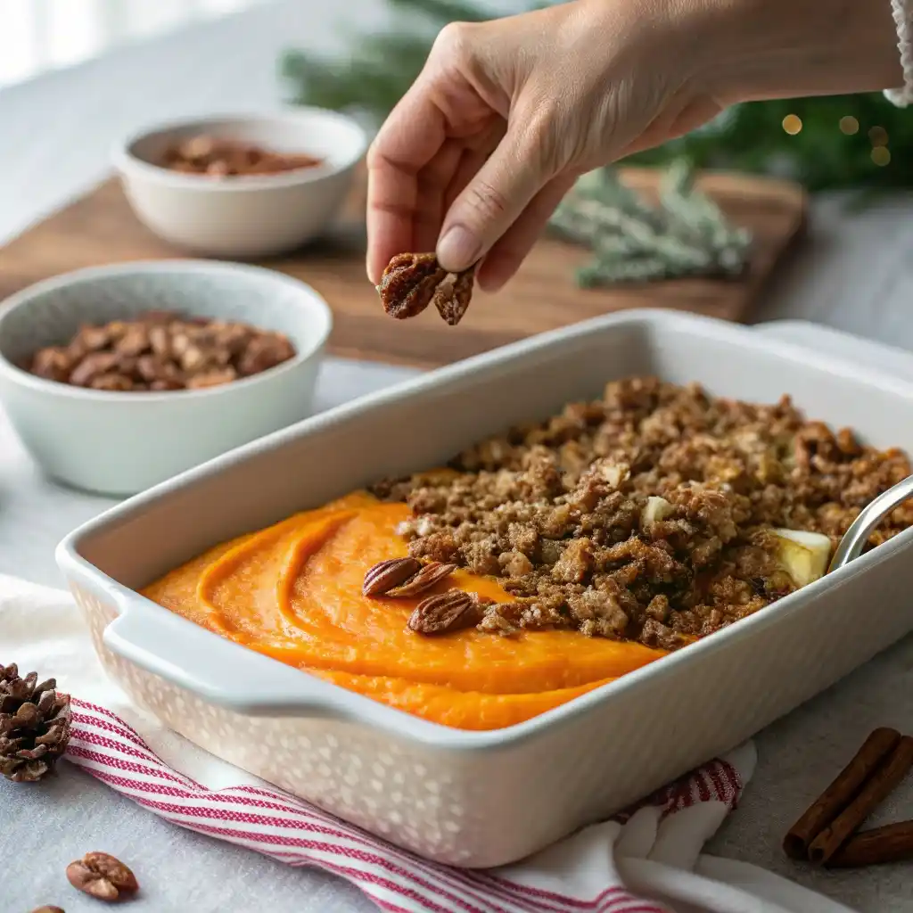 Casserole dish with sweet potato filling topped with pecans before baking