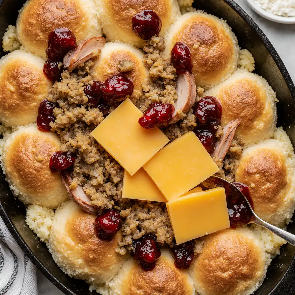 Assembling leftover Thanksgiving turkey sliders with stuffing and cranberry