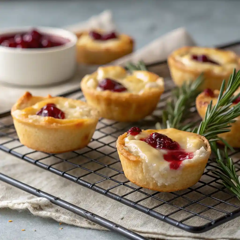 Freshly baked cranberry brie bites cooling on rack