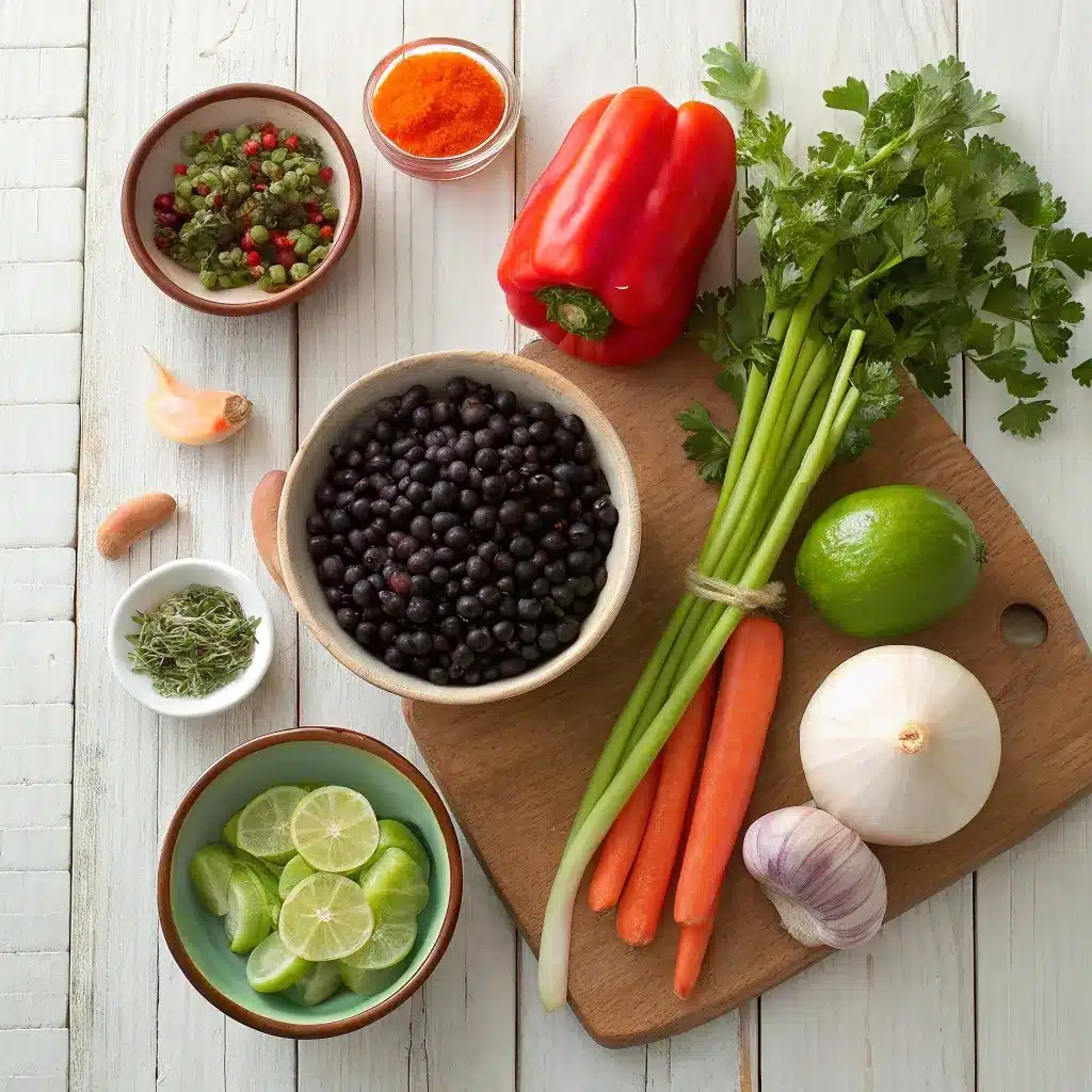 Ingredients for black bean soup laid out on a rustic table.