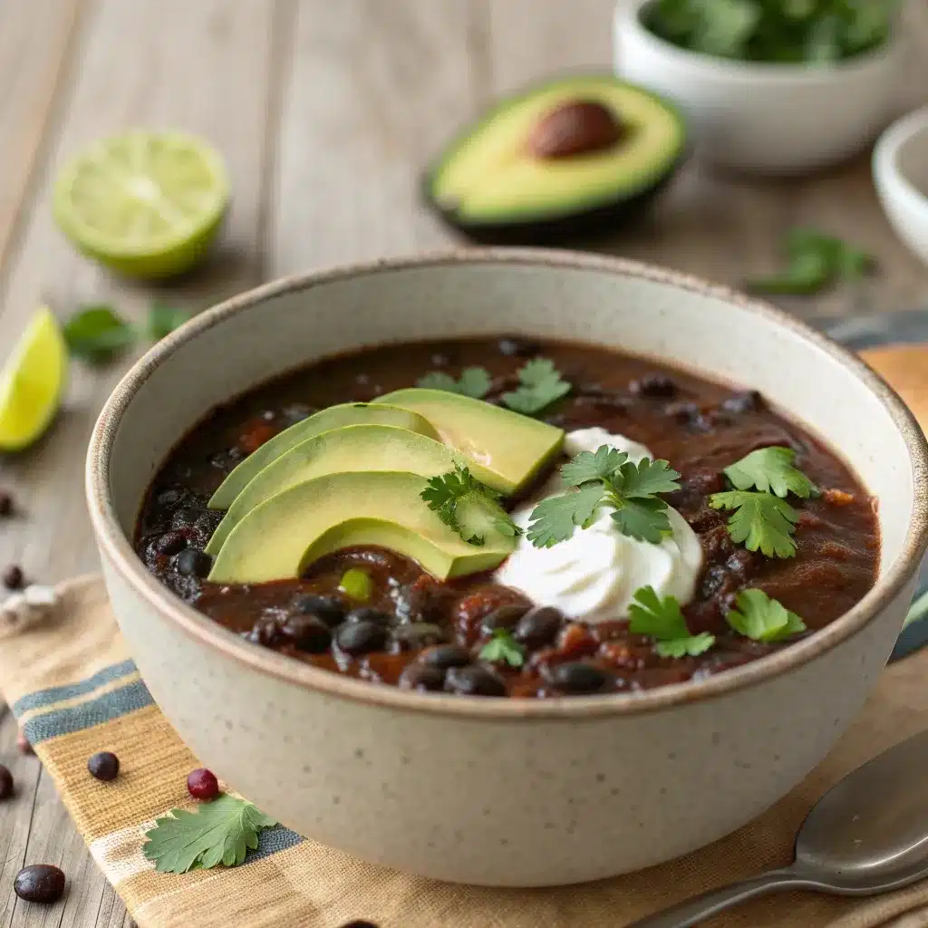 Healthy black bean soup topped with avocado, cilantro, and yogurt.