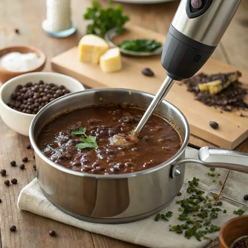 Blending black bean soup with immersion blender.
