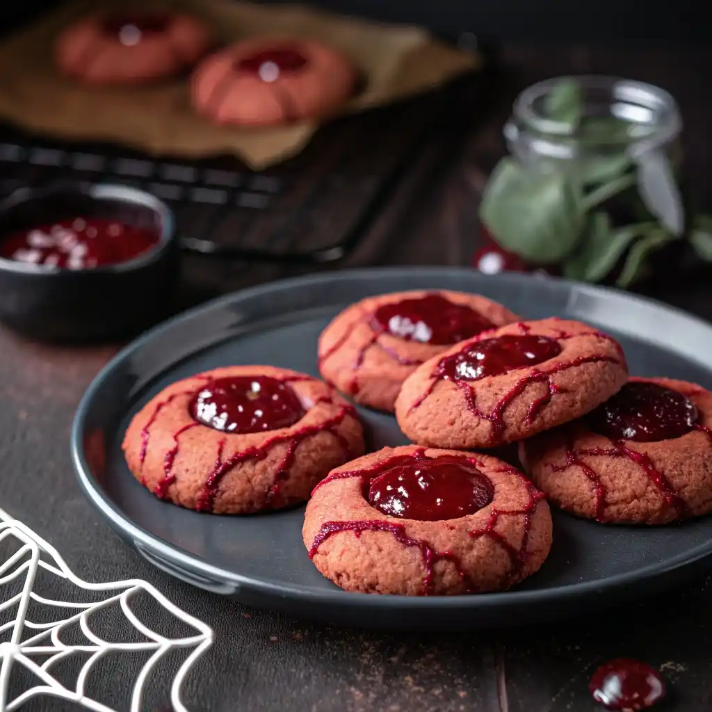 Red velvet thumbprint cookies filled with raspberry jam centers