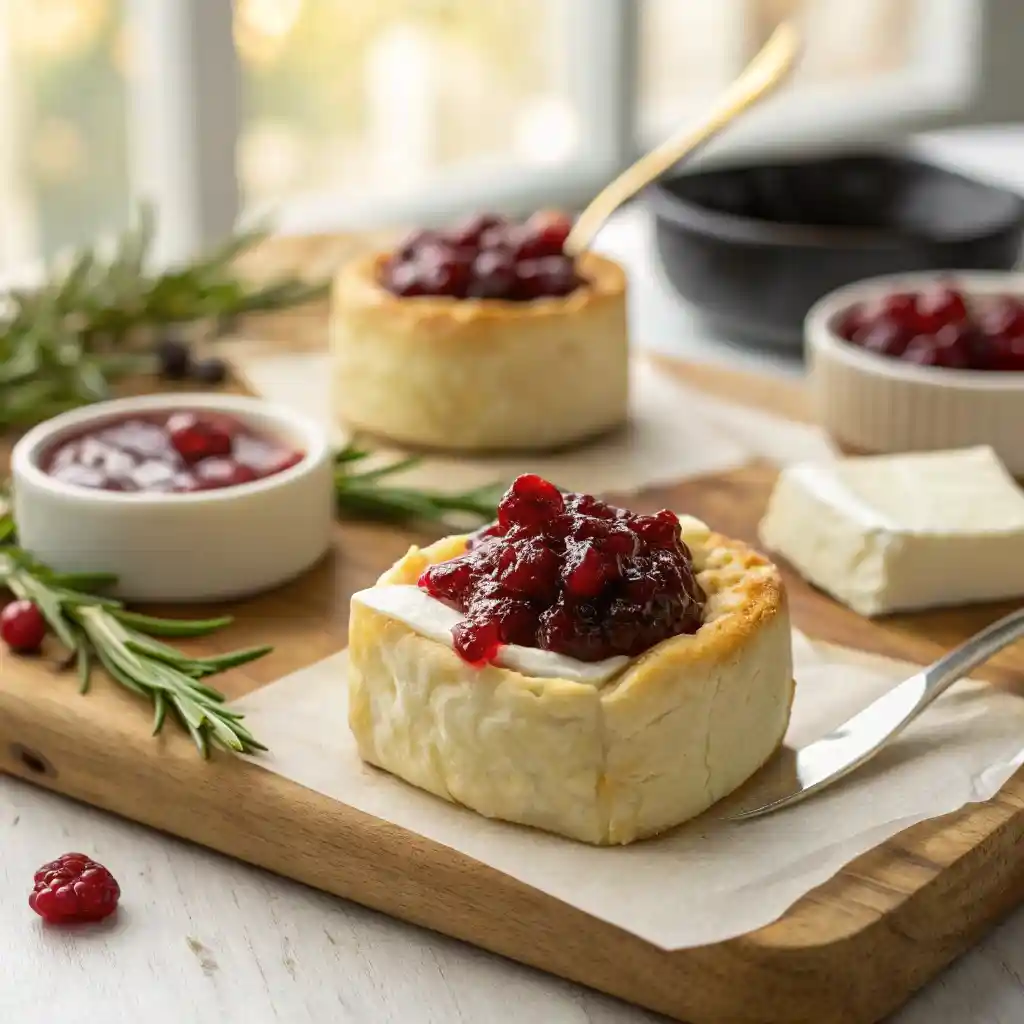Brie and cranberry filling inside puff pastry cups