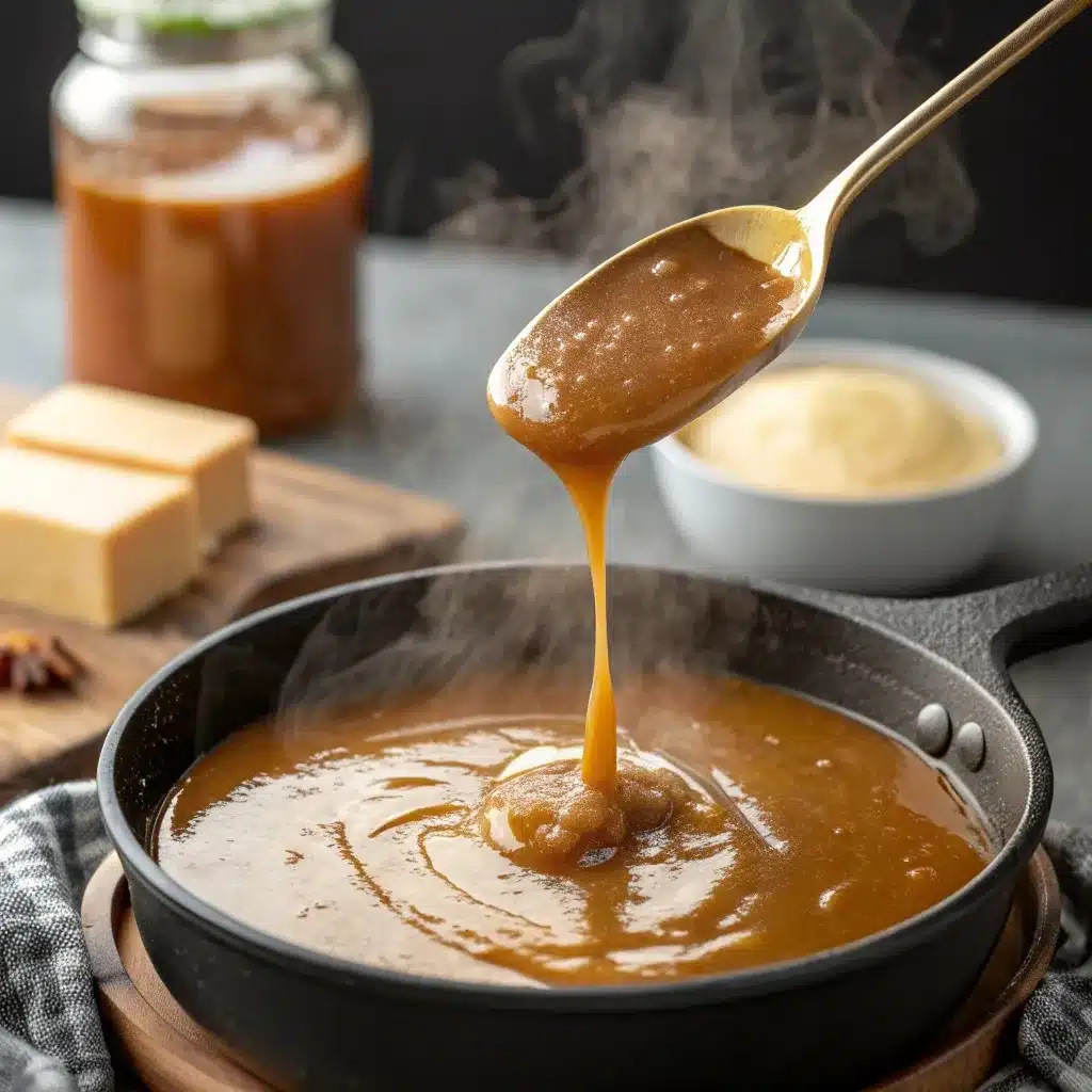 Golden butterscotch sauce bubbling with spoon drizzle