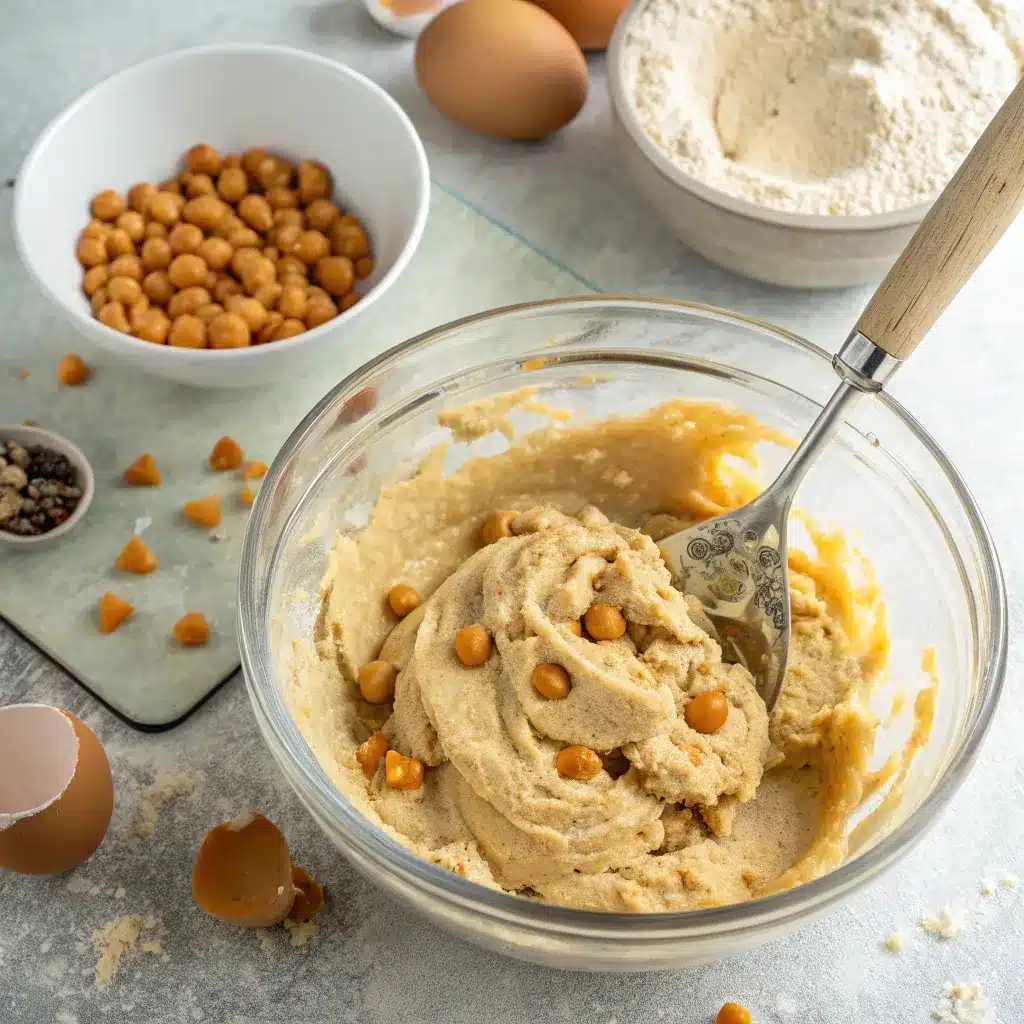 Butterscotch cookie dough scooped from mixing bowl