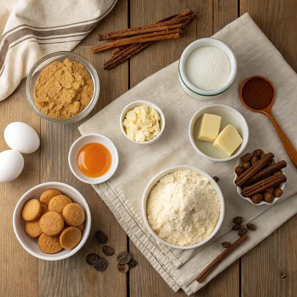 Flat lay of ingredients for Butterbeer Cookies including flour, sugar, butter, and butterscotch chips