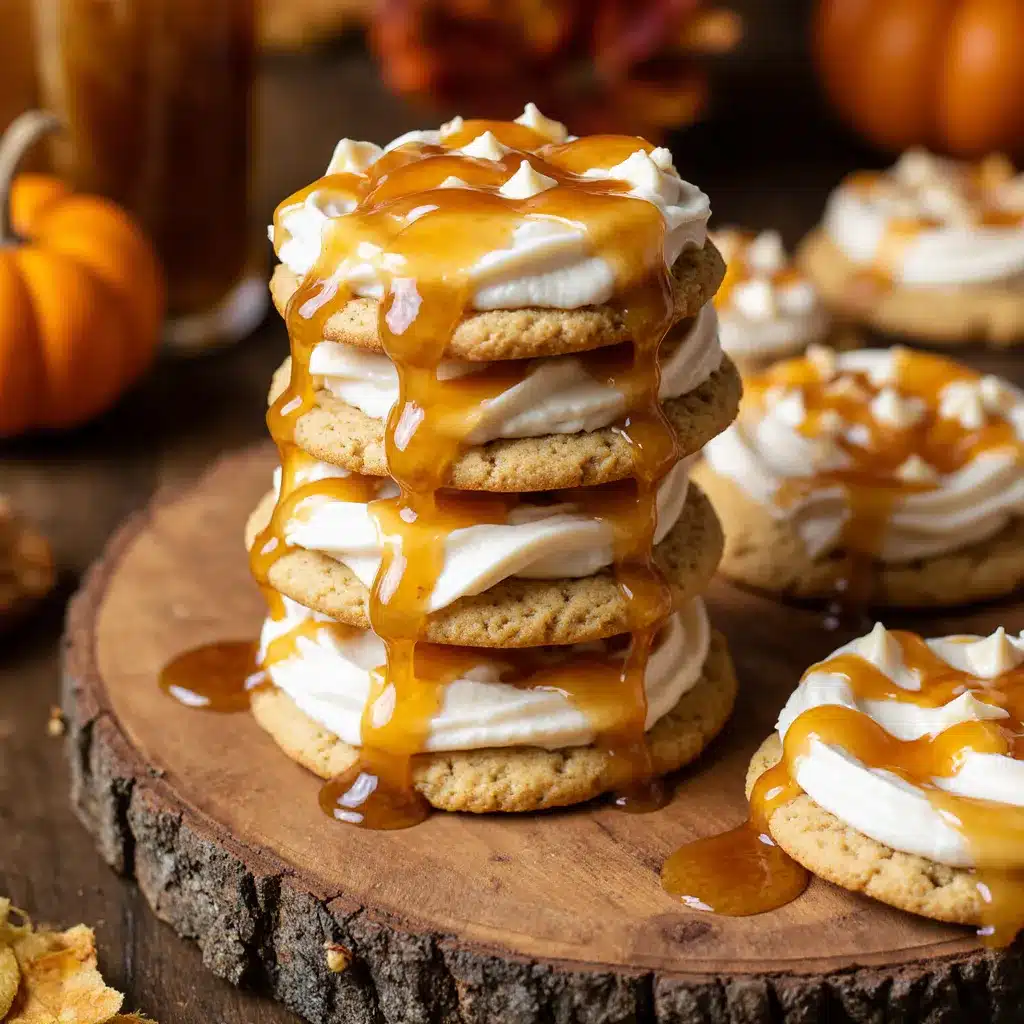 Stack of frosted Butterbeer Cookies drizzled with glossy butterscotch sauce