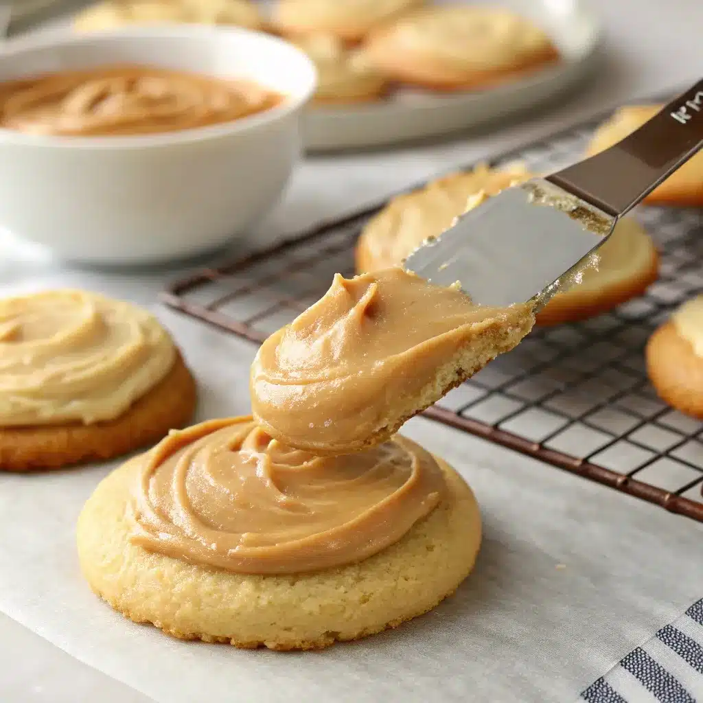 Spatula spreading creamy frosting on golden Butterbeer Cookie