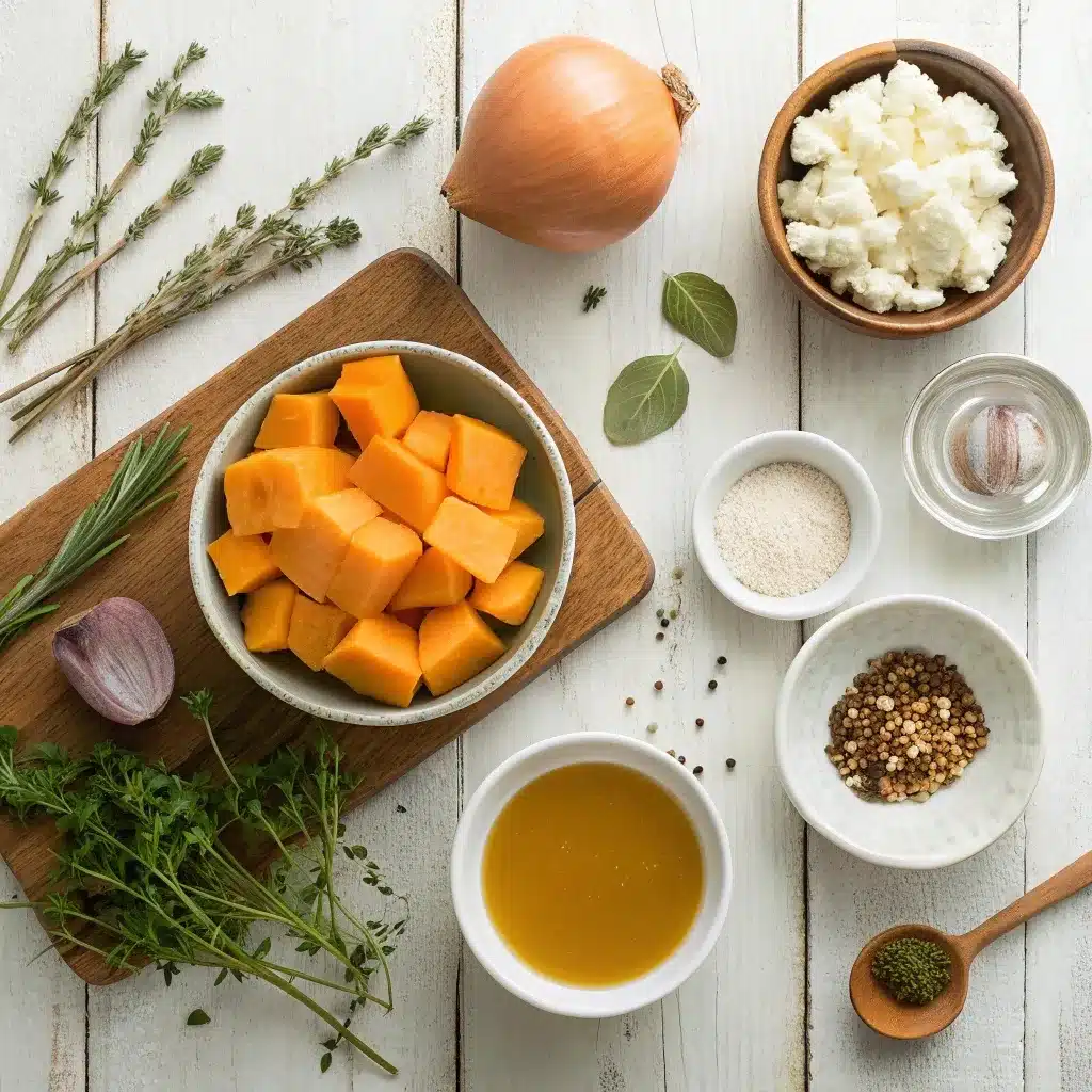 butternut squash, cottage cheese, bone broth, garlic, thyme, and sage on wooden table