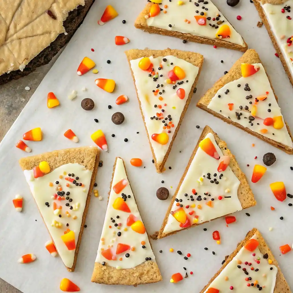 Cookie bark topped with candy corn and sprinkles