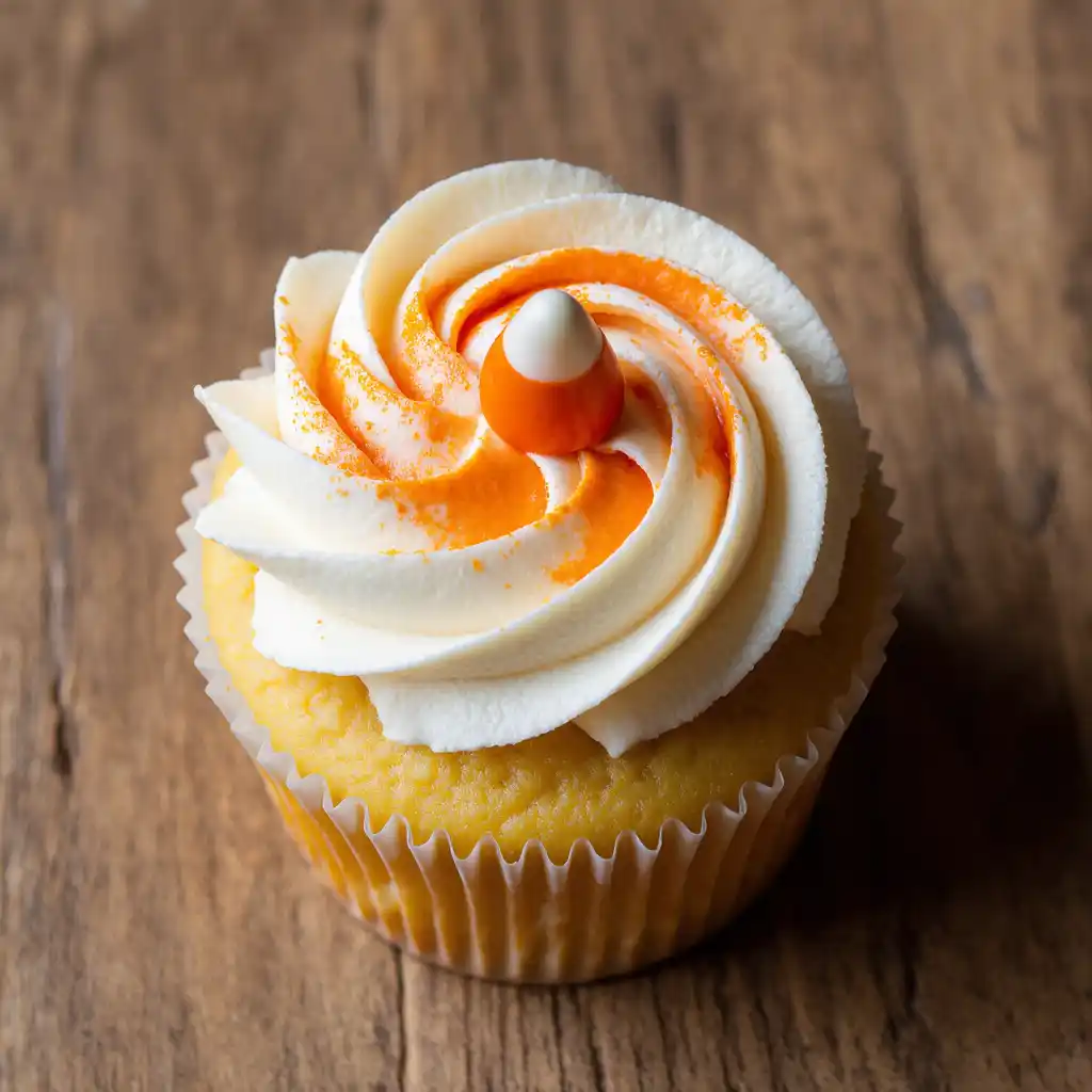 Cupcake with frosting swirl in candy corn colors.