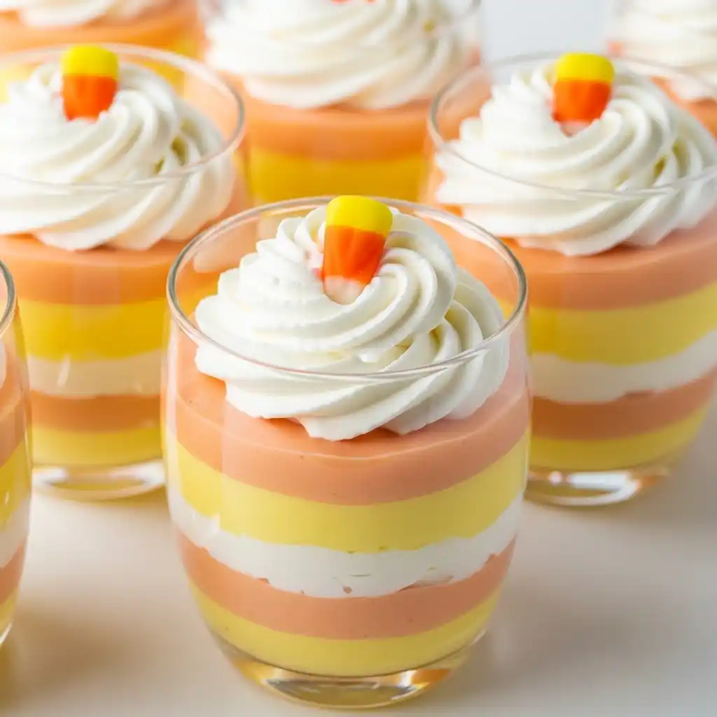 Layered candy-corn parfaits with yellow, orange, and white layers