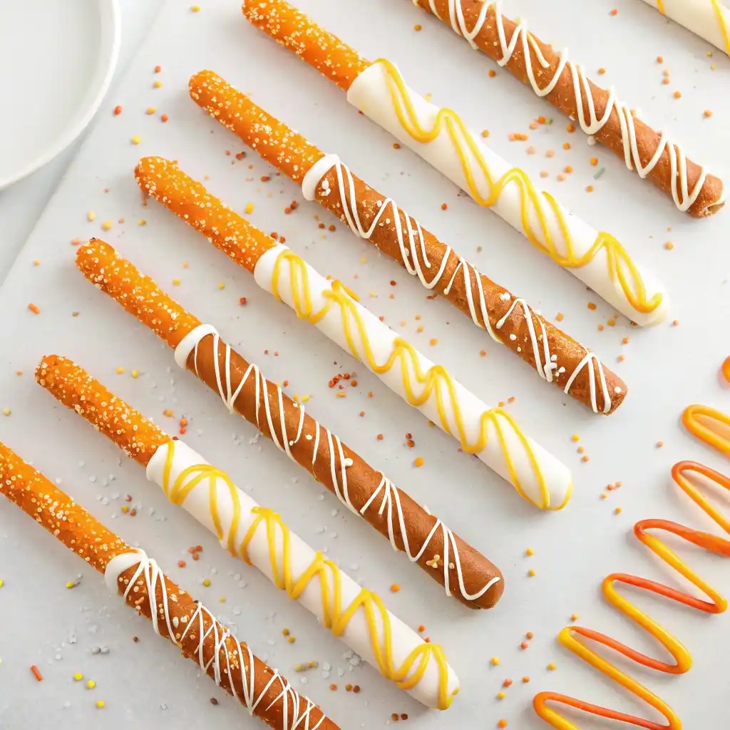 White chocolate pretzel rods with orange and yellow drizzles