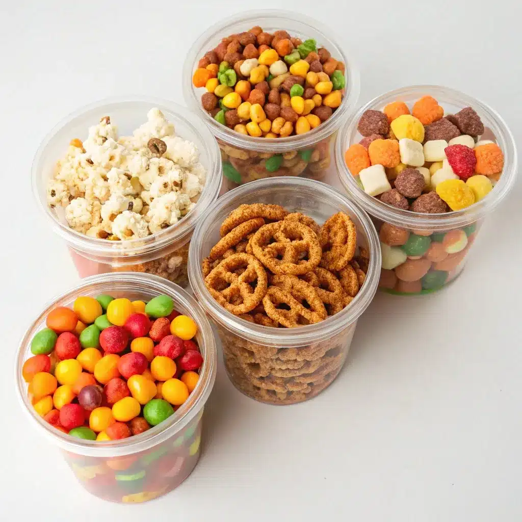 Candy-corn snack mix in small lidded cups for classroom parties