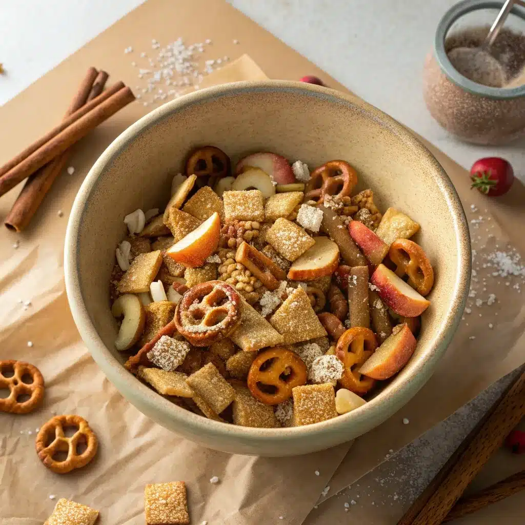 caramel apple snack mix in a large bowl