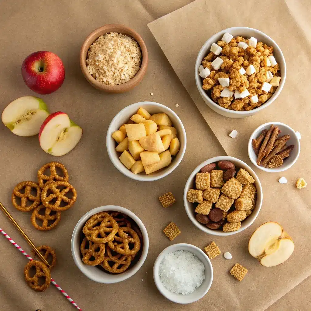 ingredients for caramel apple snack mix arranged in small bowls on kraft paper