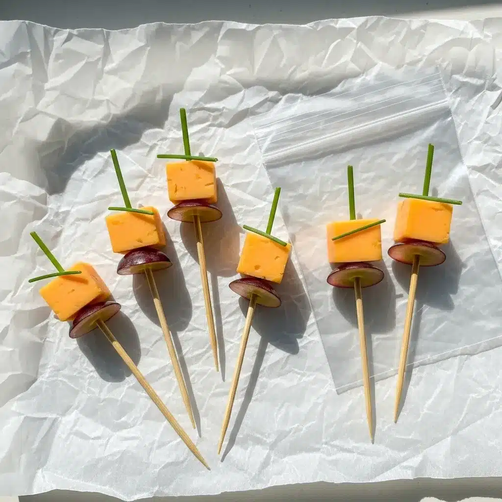 Cheddar pumpkin skewers with tiny chive stems