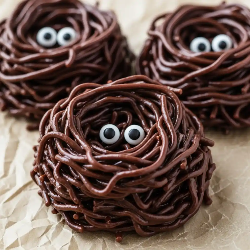 Chocolate haystack cookies shaped like spider nests with candy eyes