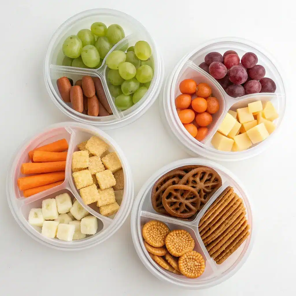 Lidded charcuterie snack cups with cheese, crackers, veggies, and fruit