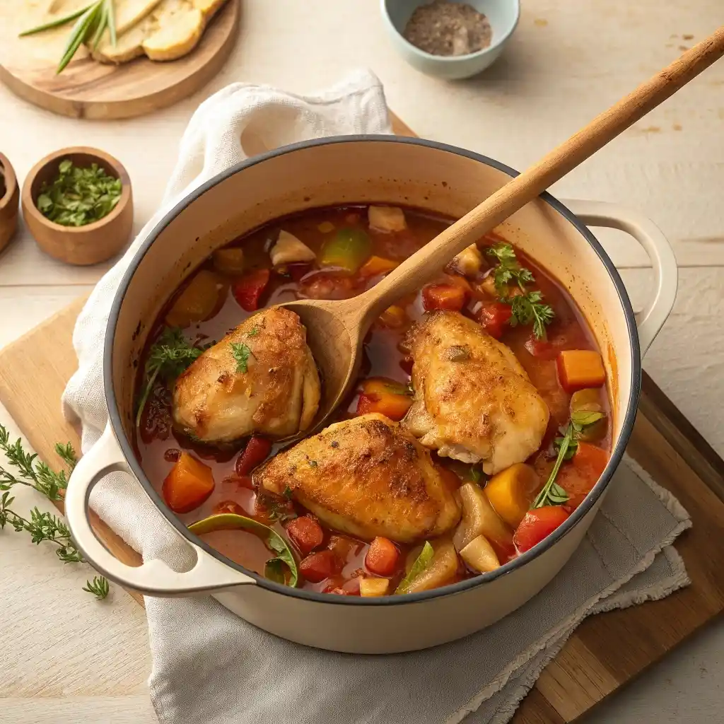 Chicken simmering in broth with carrots, celery, and onion.
