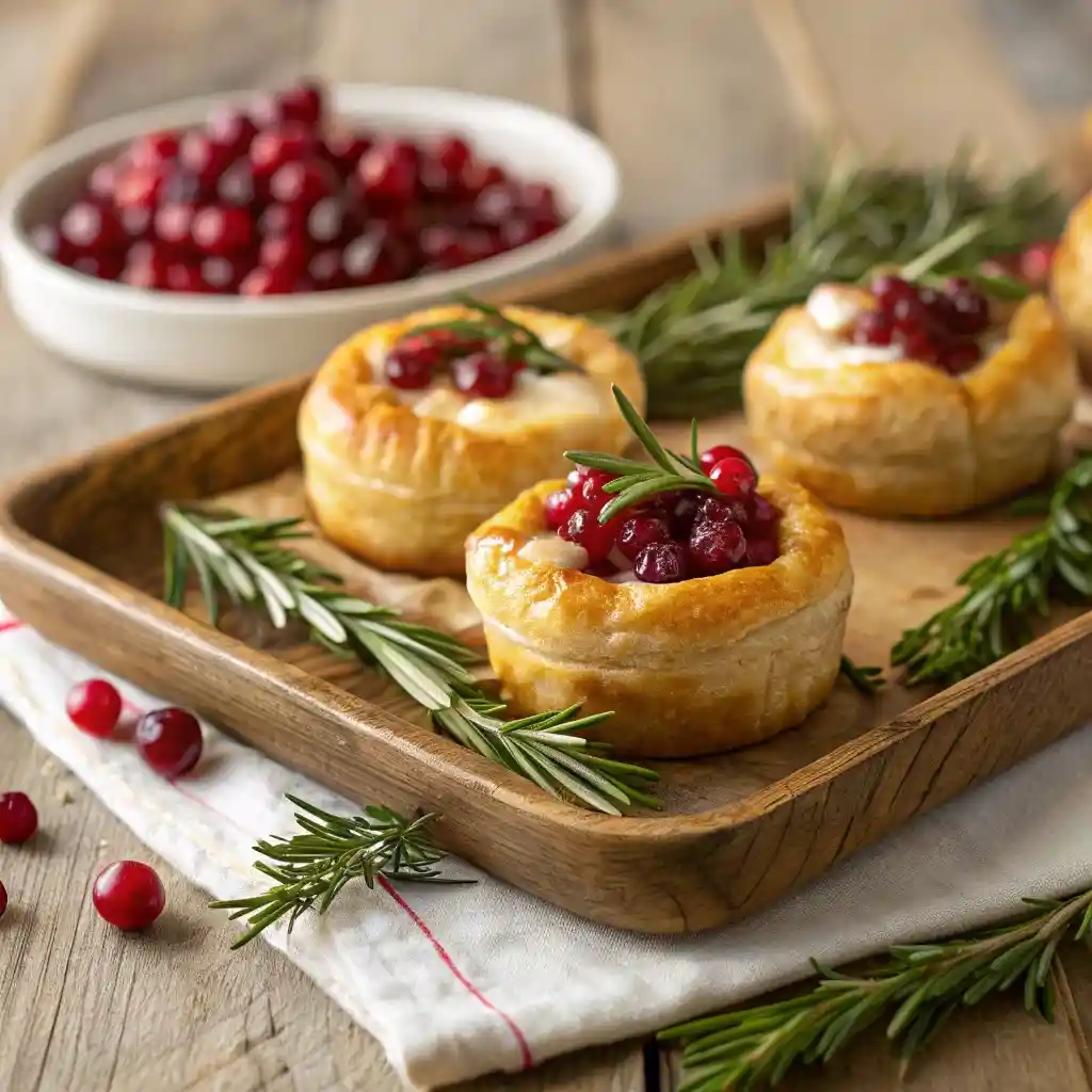 Cranberry Brie Bites with Puff Pastry on Rustic Tray
