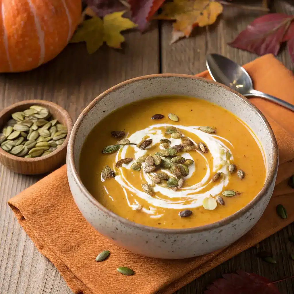 bowl of creamy pumpkin soup with cream swirl and pumpkin seeds