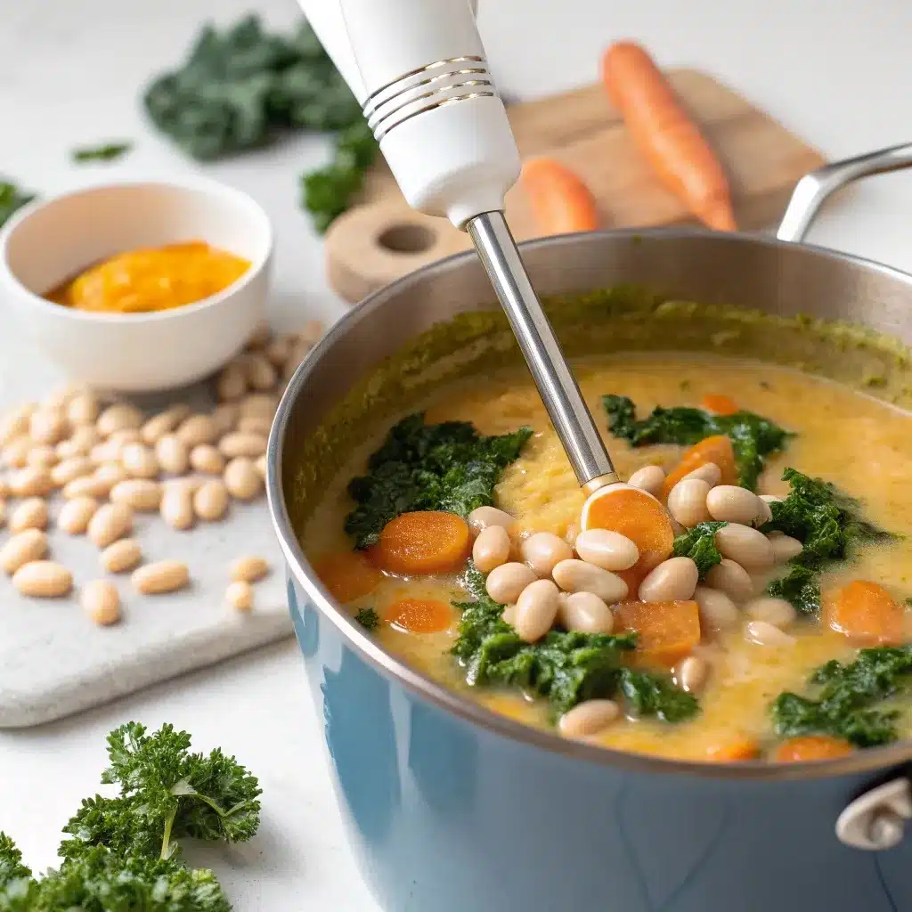 Immersion blender blending white beans into Tuscan soup.