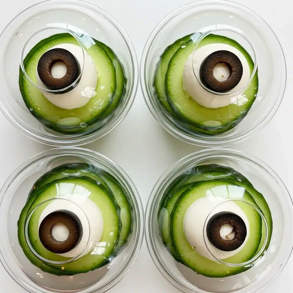 Cups with cucumber rounds and mozzarella-olive monster eyes