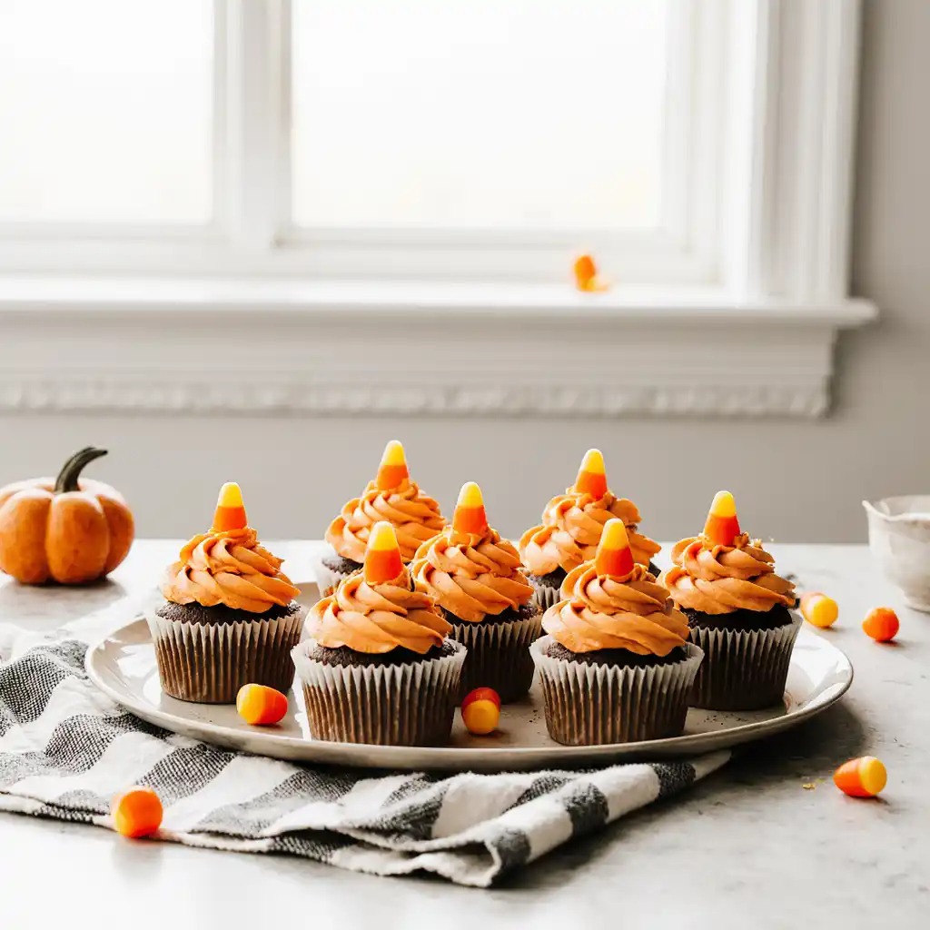 Cupcakes topped with candy corn on a serving tray.
