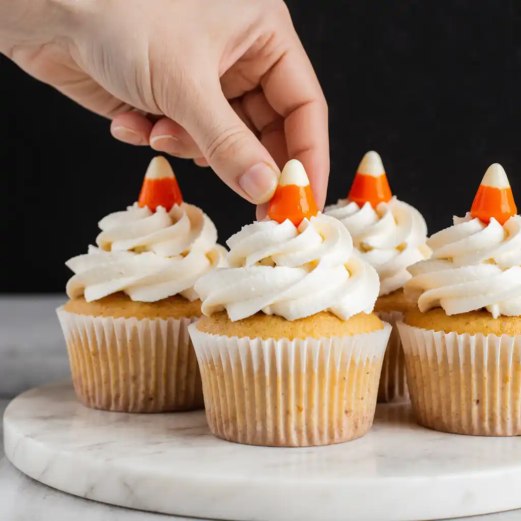 Adding candy corn on top of frosted cupcakes.