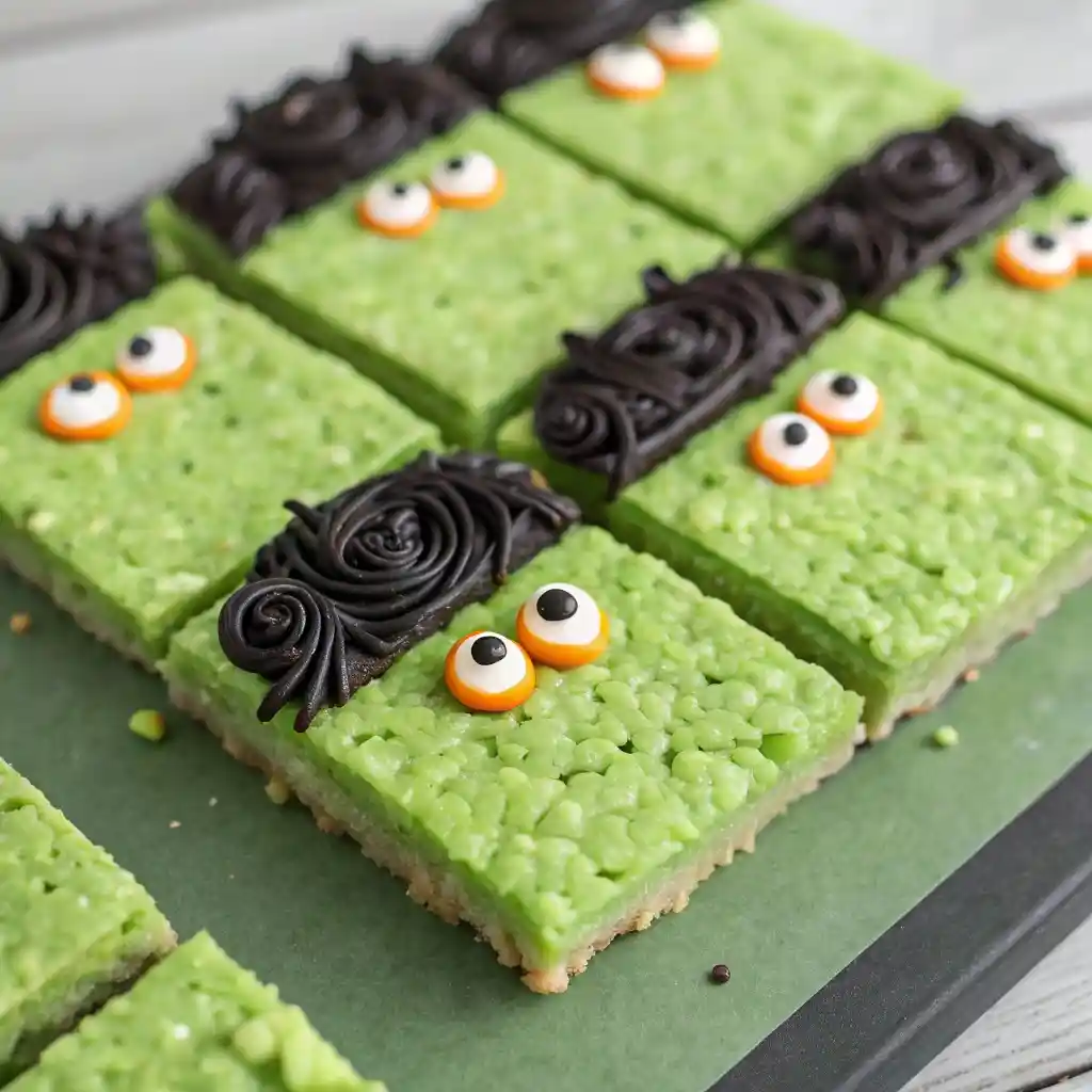 Decorating Rice Krispie bars with candy eyes and black frosting hair