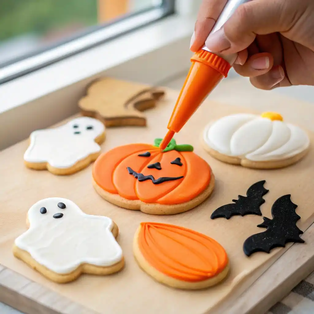 Decorating pumpkin-shaped cookie with orange royal icing flood technique.