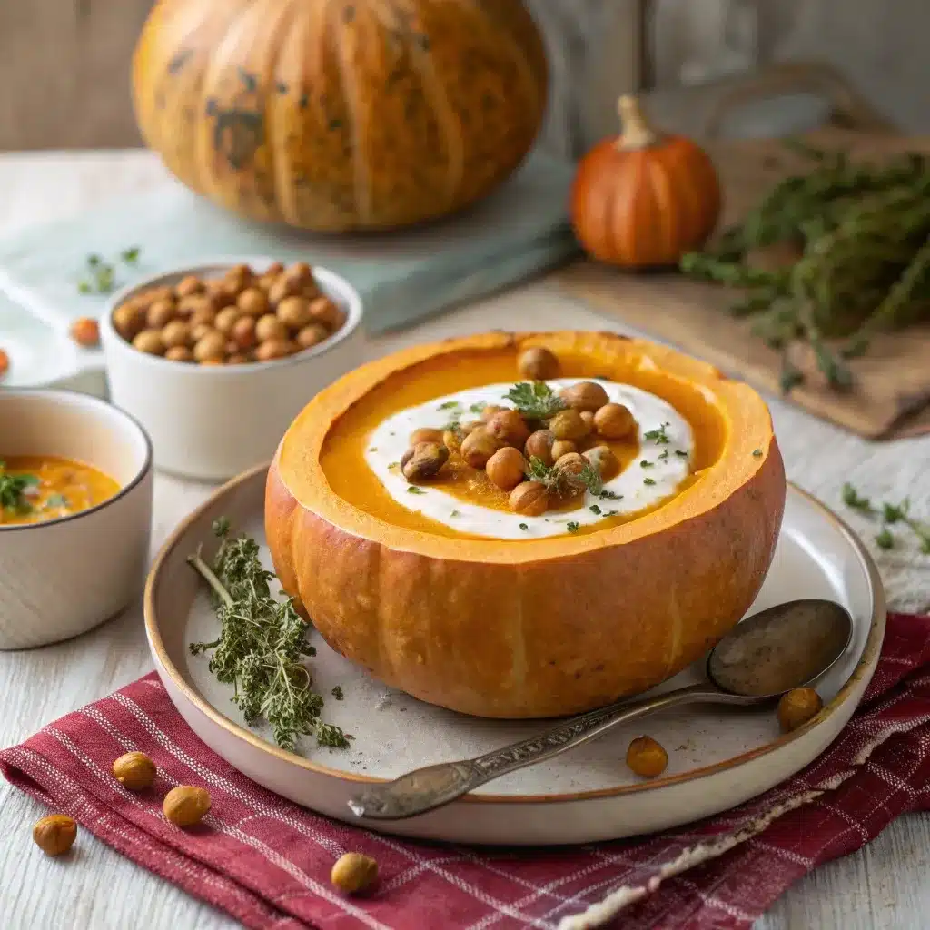butternut squash soup in mini pumpkin with Greek yogurt swirl and chickpeas