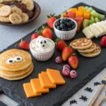 finished Halloween breakfast charcuterie board with colorful snacks