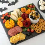finished Halloween dinner charcuterie board with meats, cheeses, and veggies