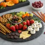 finished spooky Halloween charcuterie board with colorful snacks