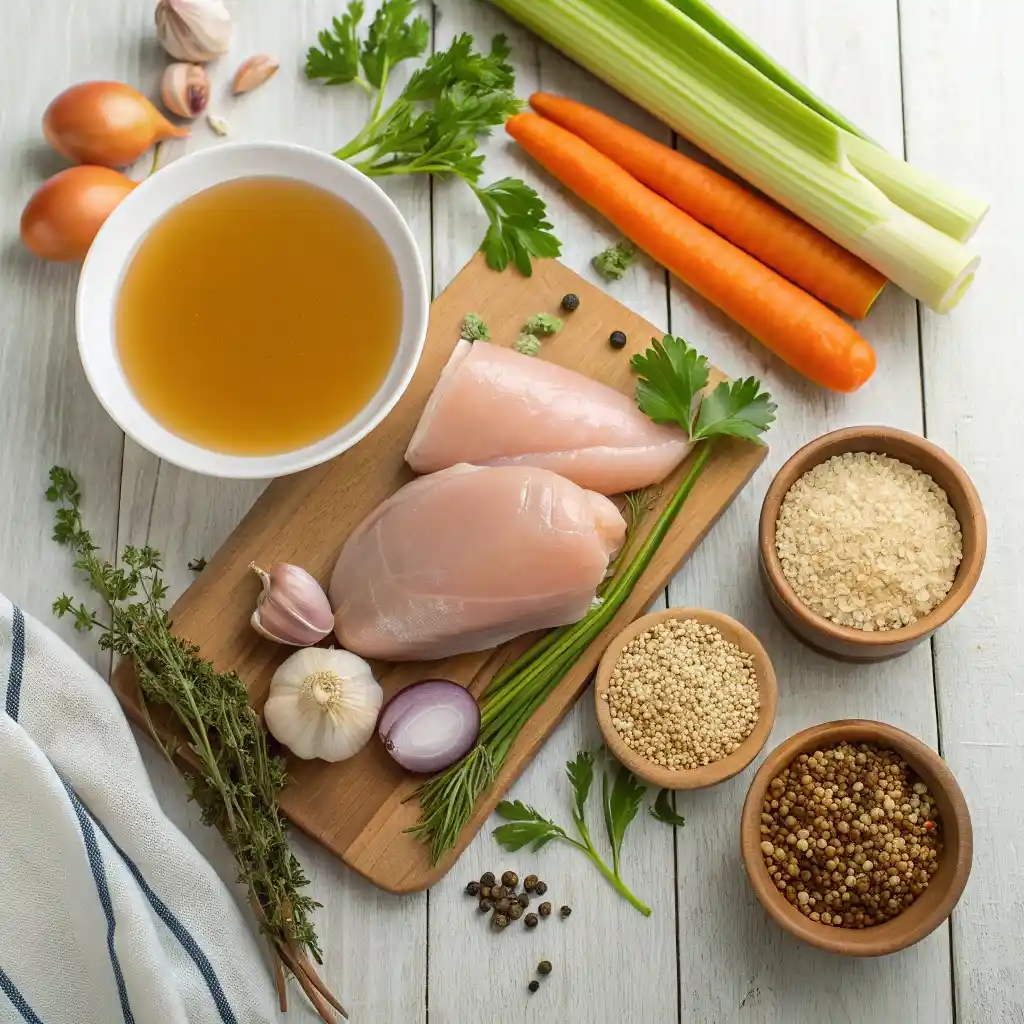 Chicken, vegetables, and herbs laid out for chicken soup recipe.