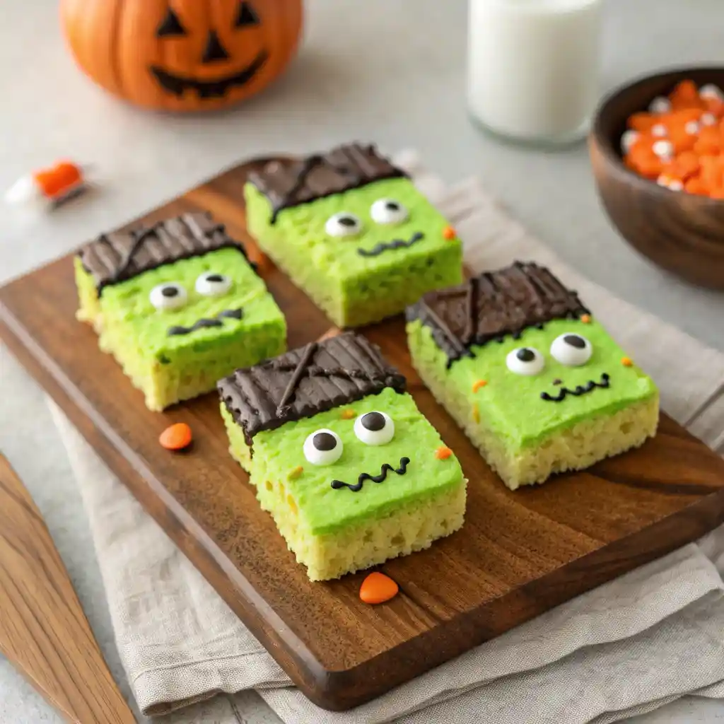 Frankenstein Halloween Rice Krispie Treats with candy eyes and frosting hair
