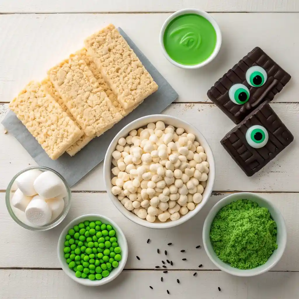 Marshmallows, cereal, green food coloring, and candy eyes for Rice Krispie Treats