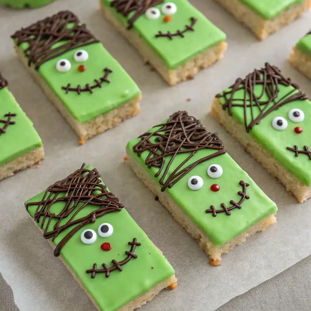 Green Frankenstein Rice Krispie bars with chocolate hair and candy eyes