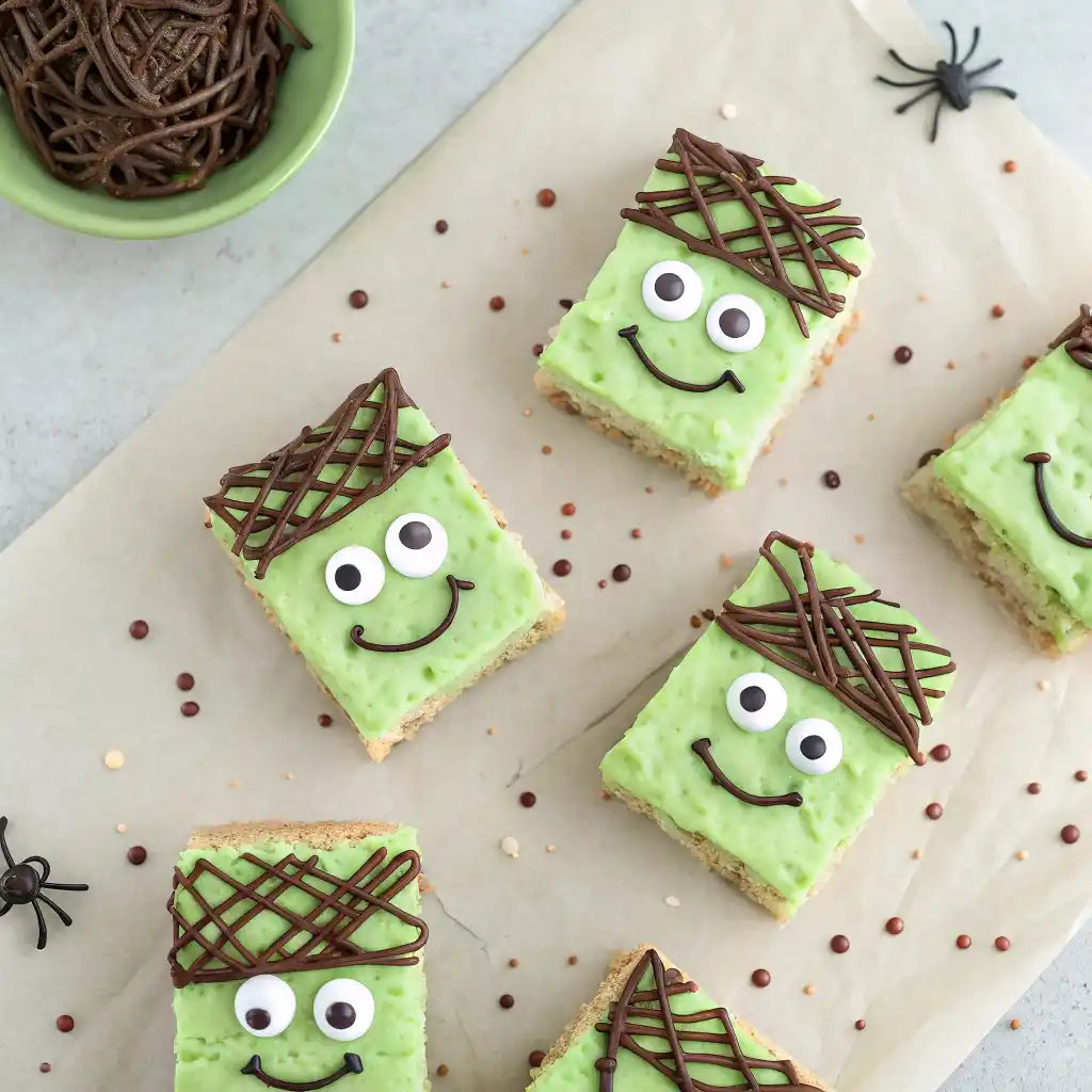 Green Frankenstein Rice Krispie bars with chocolate hair and candy eyes