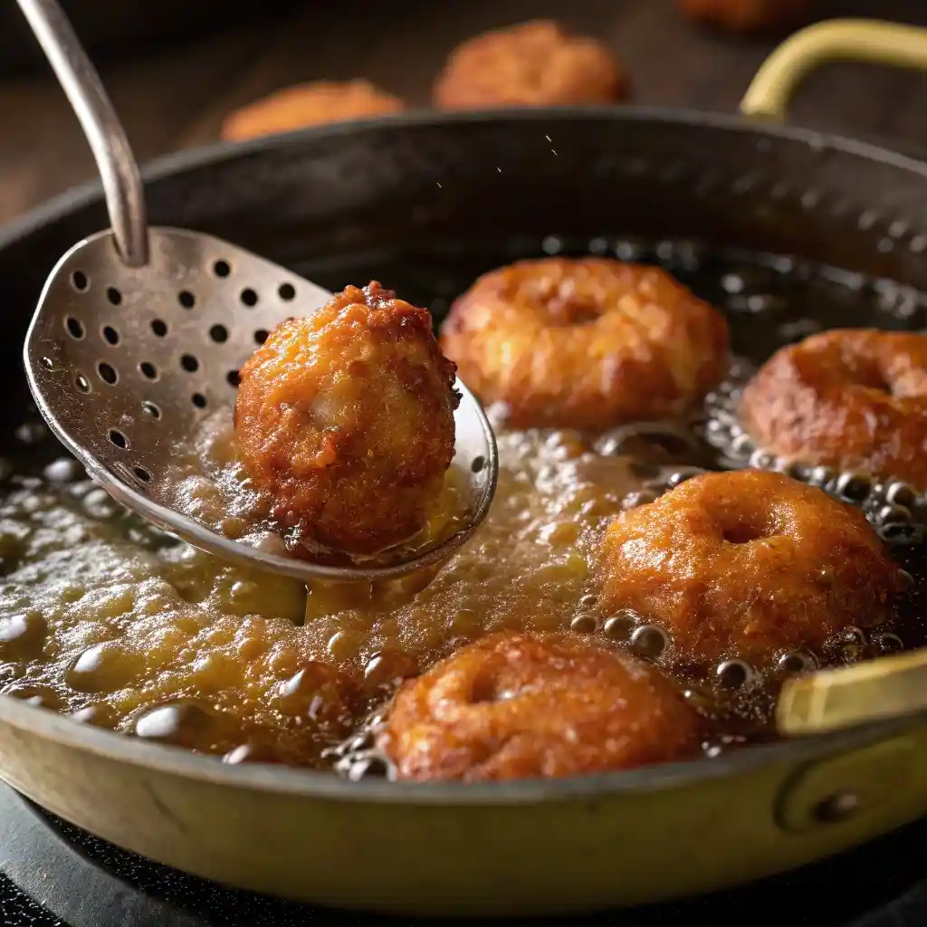 Frying apple fritters in oil until golden brown