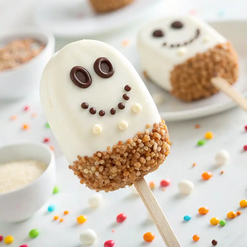 Ghost-shaped Rice Krispie pops dipped in white with chocolate faces