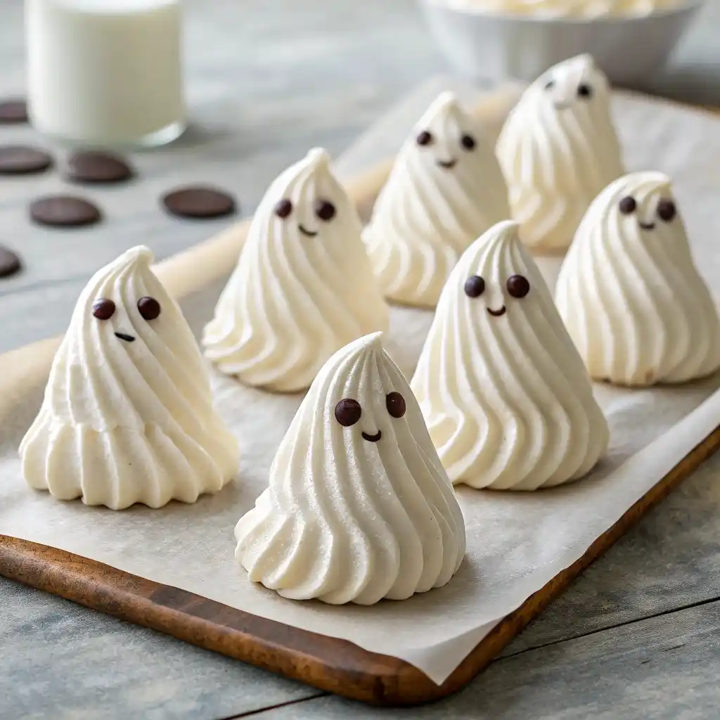 Ghost meringue cookies decorated with chocolate eyes