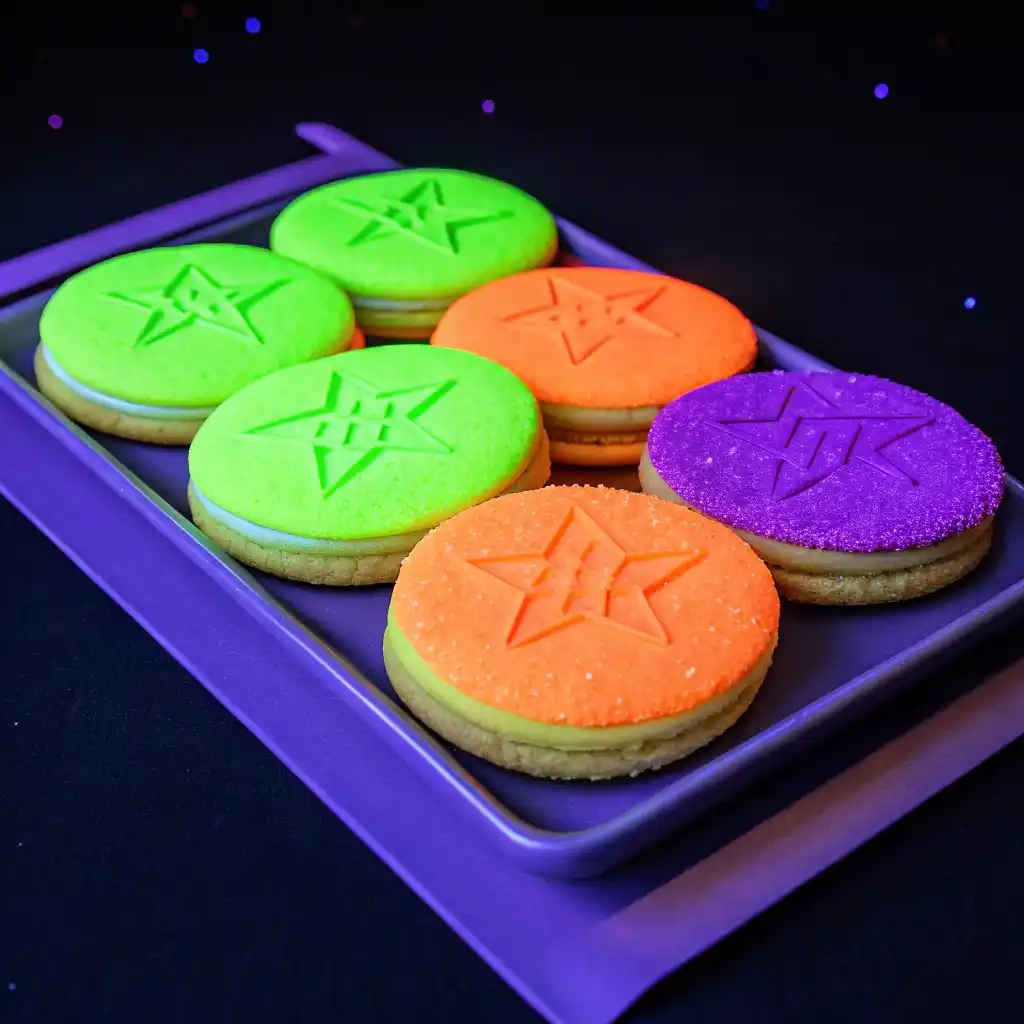 Neon Halloween cookies glowing in bright party colors