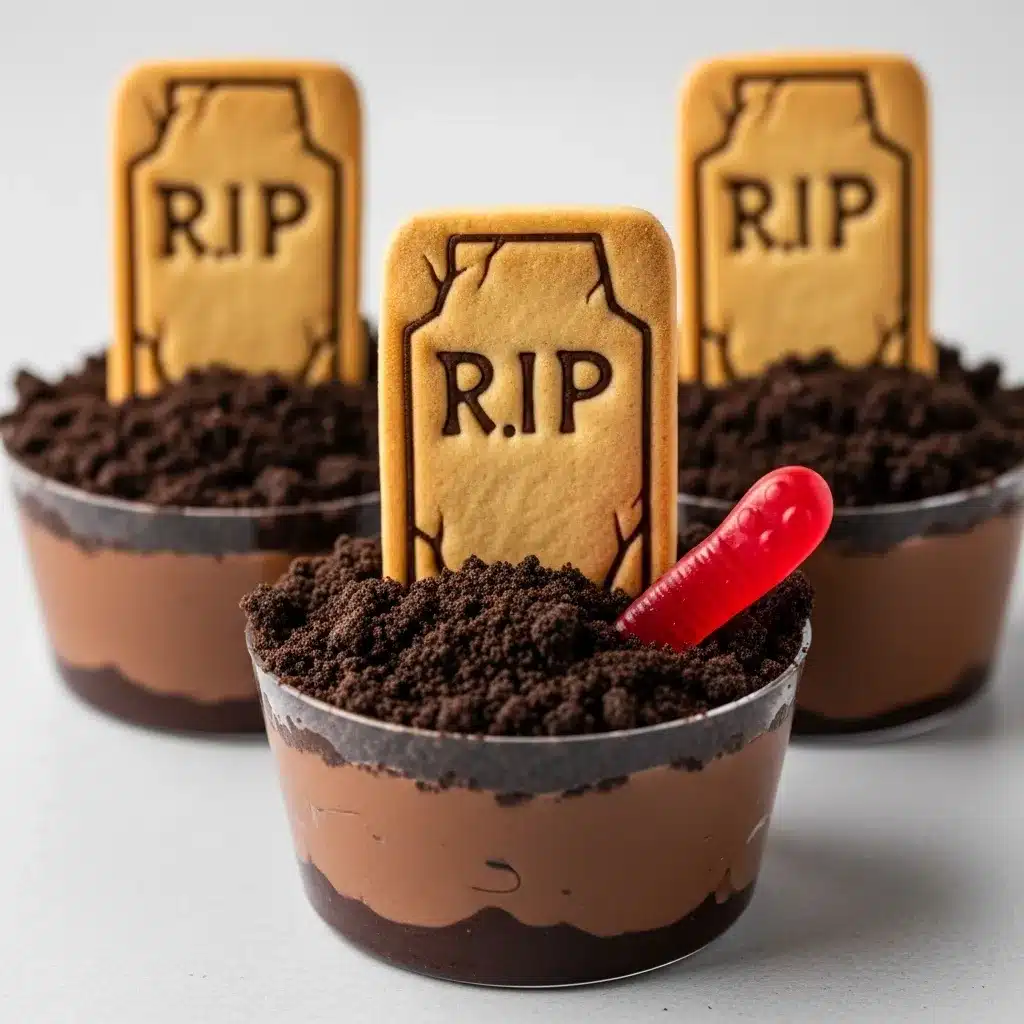 Chocolate pudding graveyard cups with cookie tombstones and crumbs