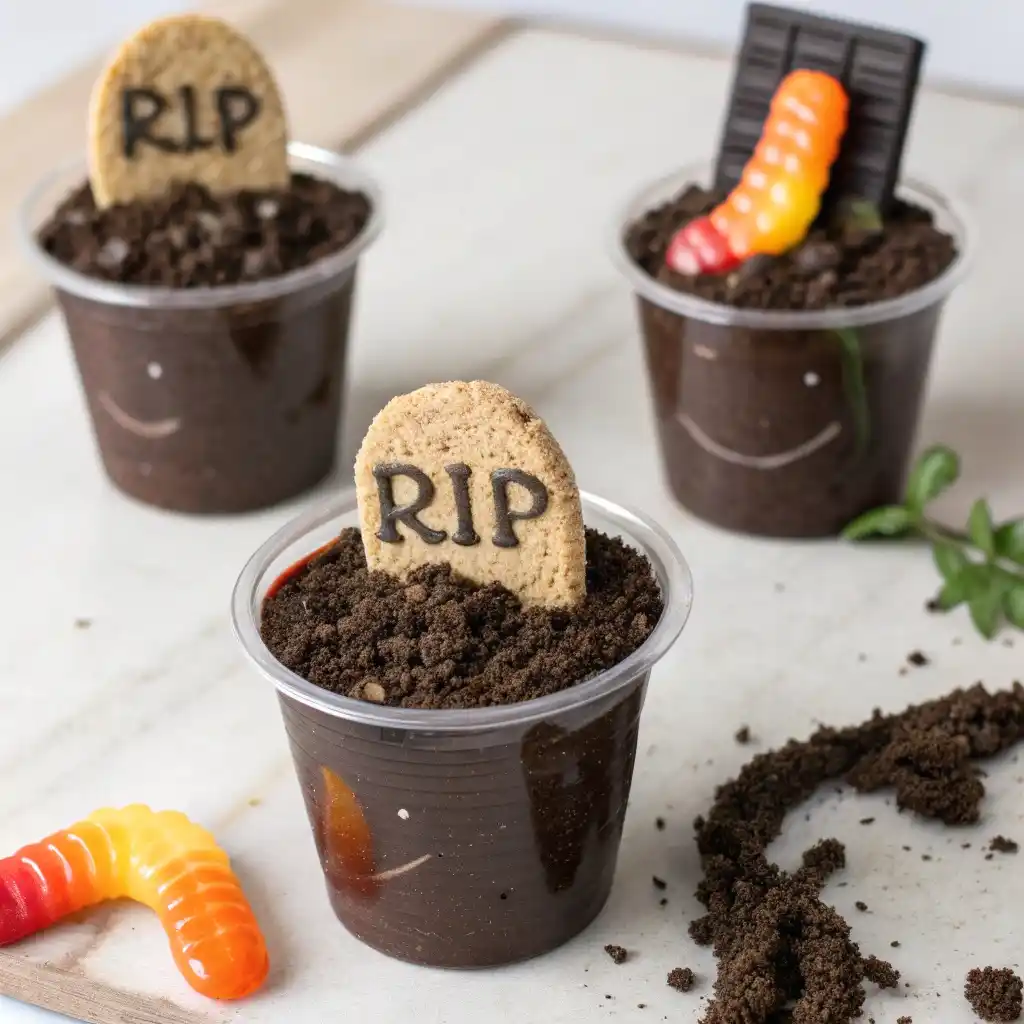 Chocolate pudding graveyard cups with cookie tombstones and crumbs