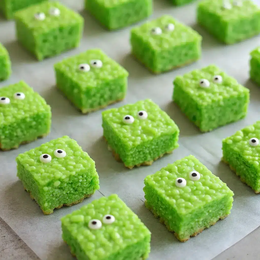 Green Rice Krispie squares with mini candy eyes